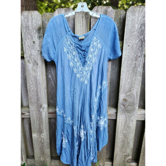 Hi Low Gauze Dress Blue OSFM Pullover Beach Cover Up Caftan OSFA - Picture 5 of 9